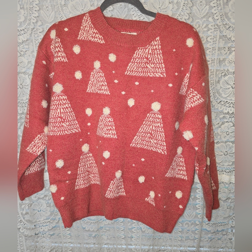 And The Why Red Womens Sweater With Pom Trees, NWT, S/M